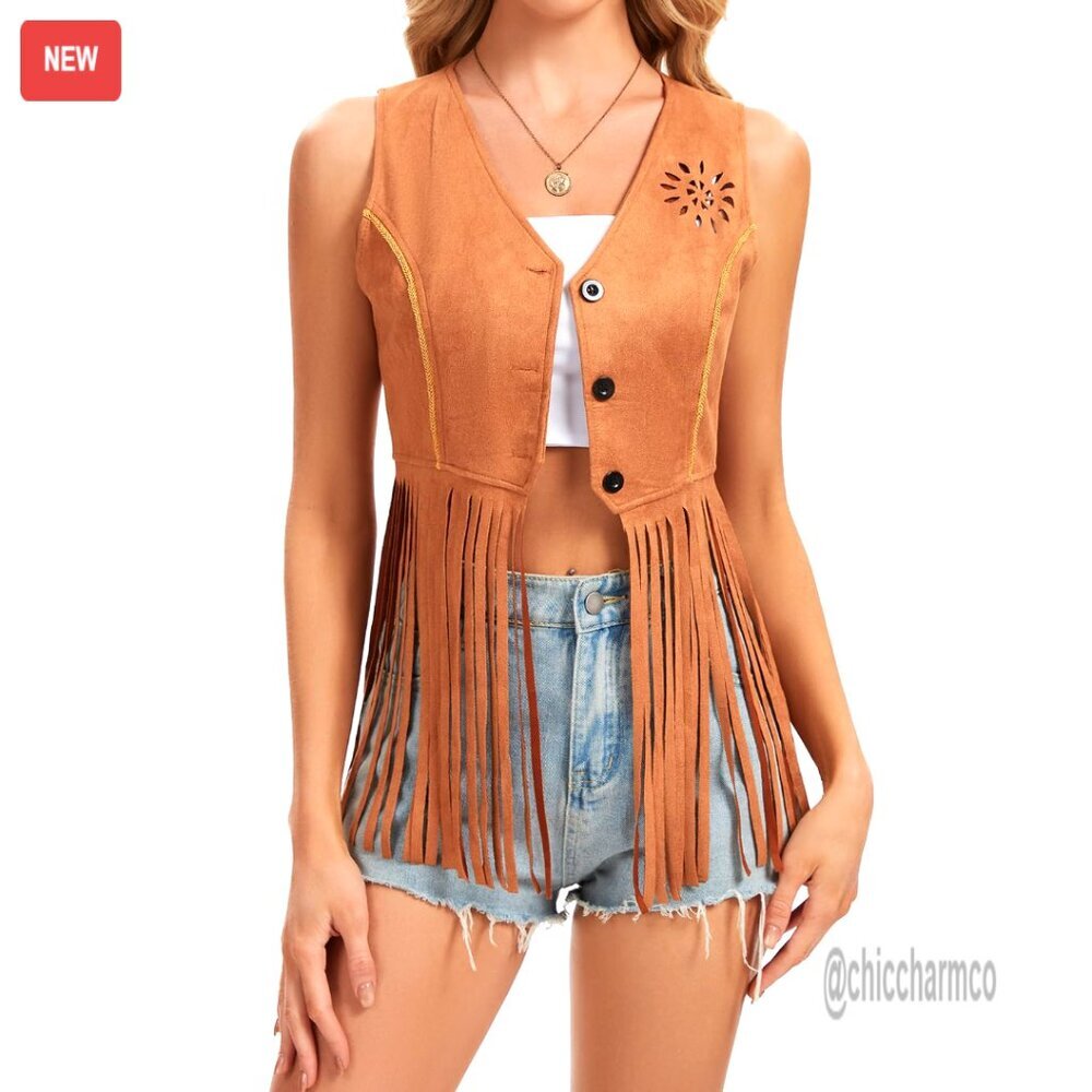 Faux Suede Fringe Vest Western Cowgirl Vintage Hippie Sleeveless Tassel Jacket